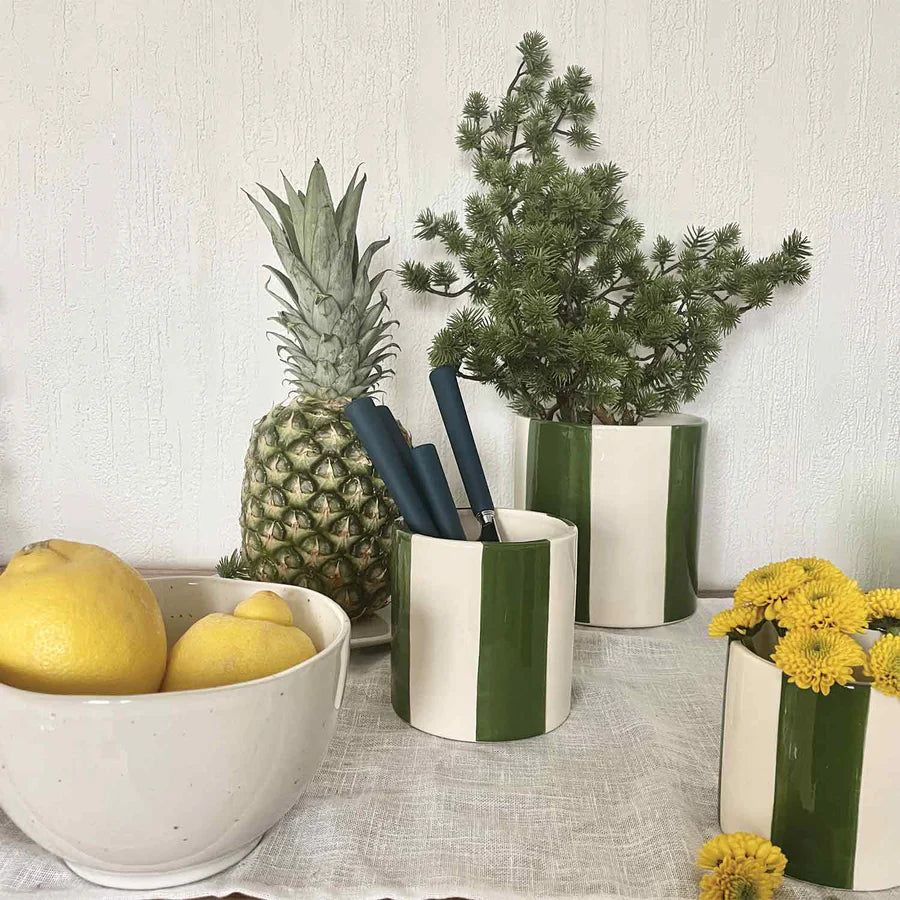 Set of 4 Striped Ceramic Pots - Green  - صَحن