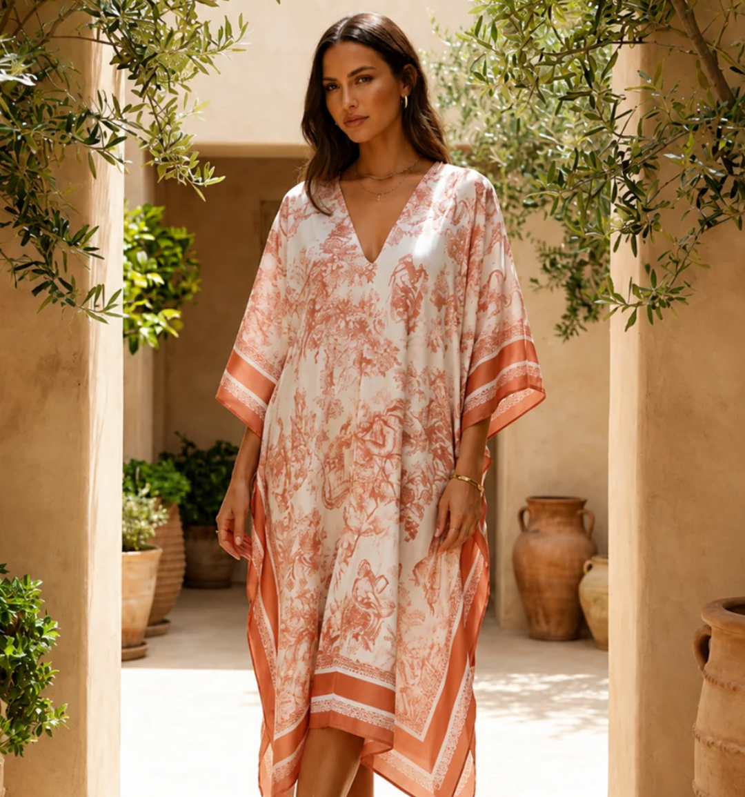 Woman wearing an elegant peach and white printed maxi kaftan dress by Free For Humanity in a Mediterranean setting.