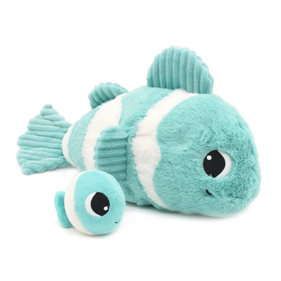 Les Déglingos Bigou mum and baby clown fish plush toy in aqua blue and white.