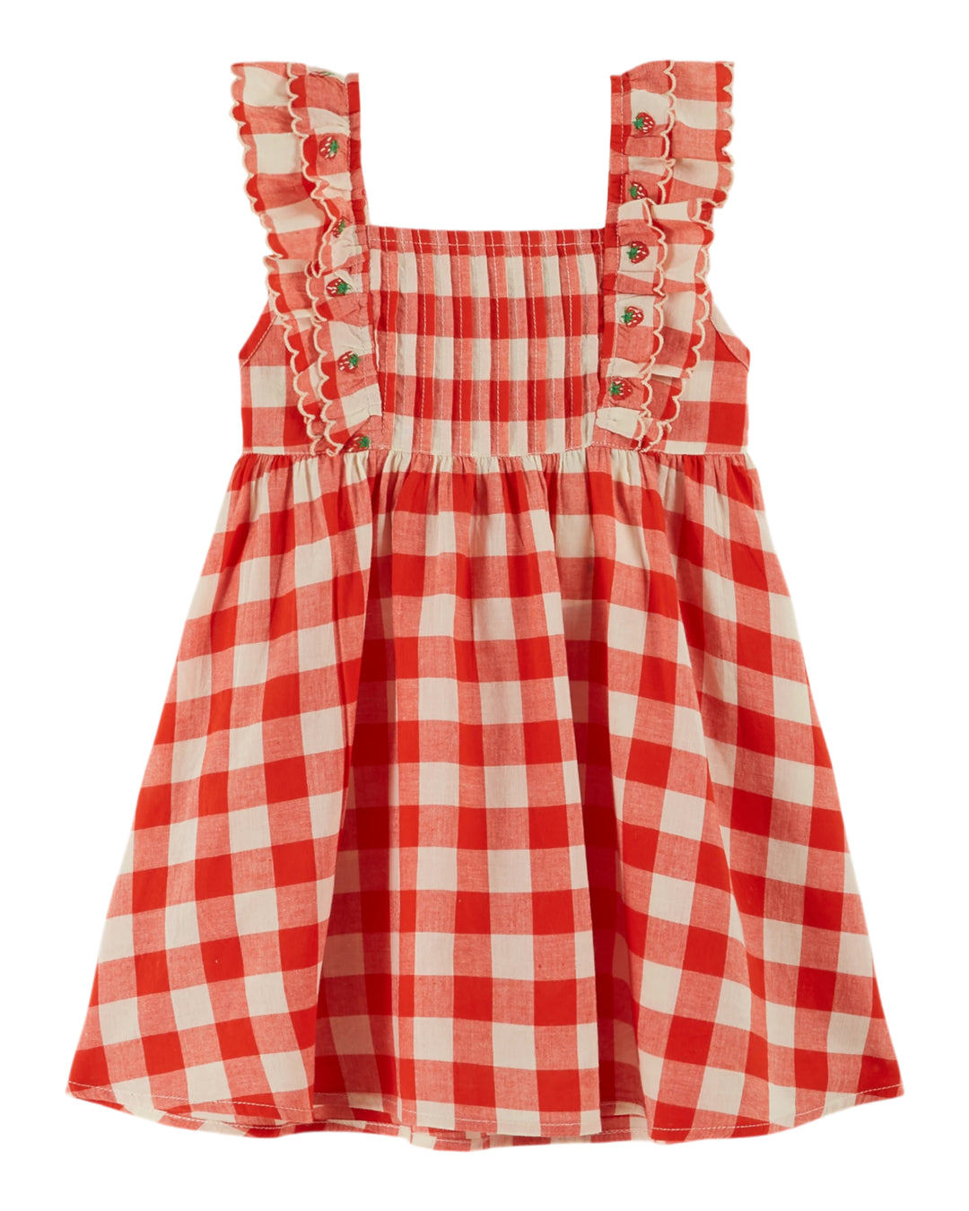girls red gingham embroidered dress with ruffle straps

