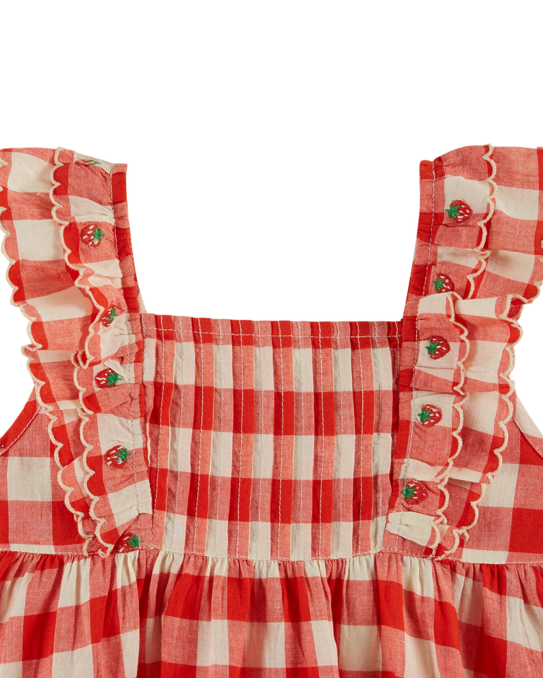 girls red gingham embroidered dress with ruffle straps
