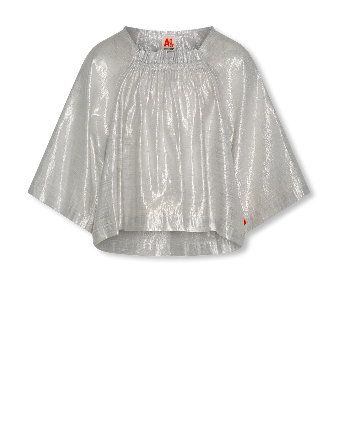 Silver metallic blouse with a brand label on a white background