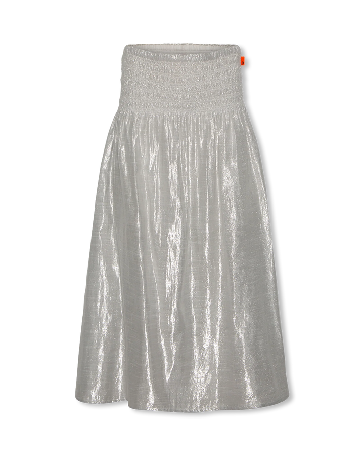 Girls silver shorts with metallic shimmer finish. Lightweight summer shorts with elastic waistband for comfortable party and festive outfits.