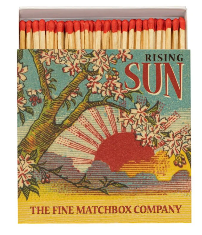 Vintage rising sun decorative safety matches with floral artwork and red tipped matches