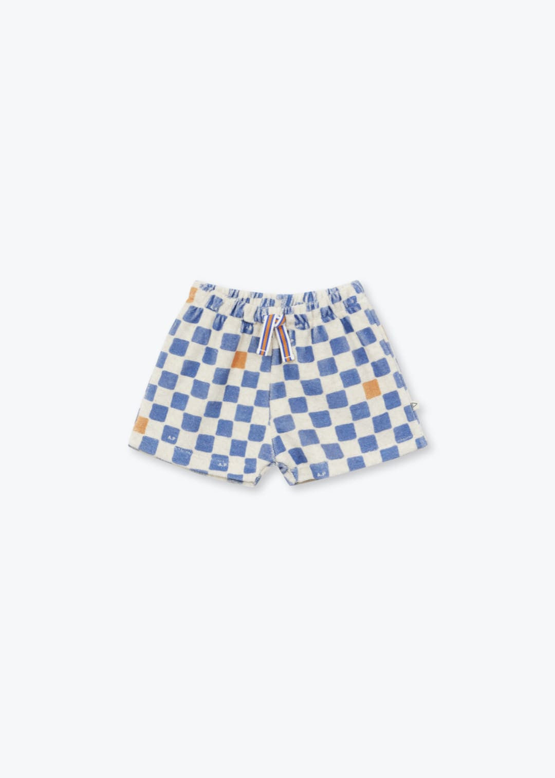 Baby terry cotton shorts with blue check pattern and elastic waistband