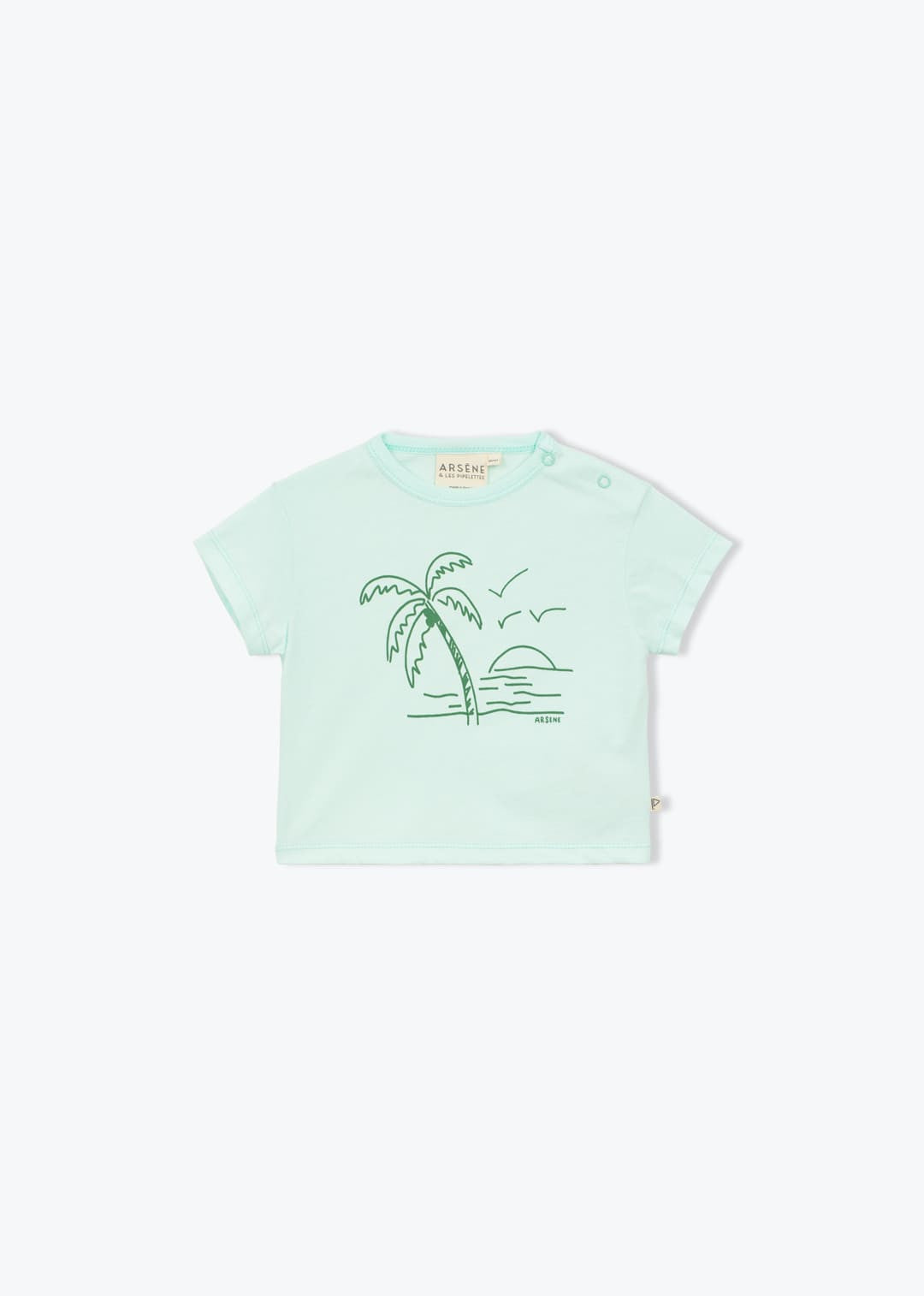 baby organic cotton t-shirt with palm tree print in soft mint green