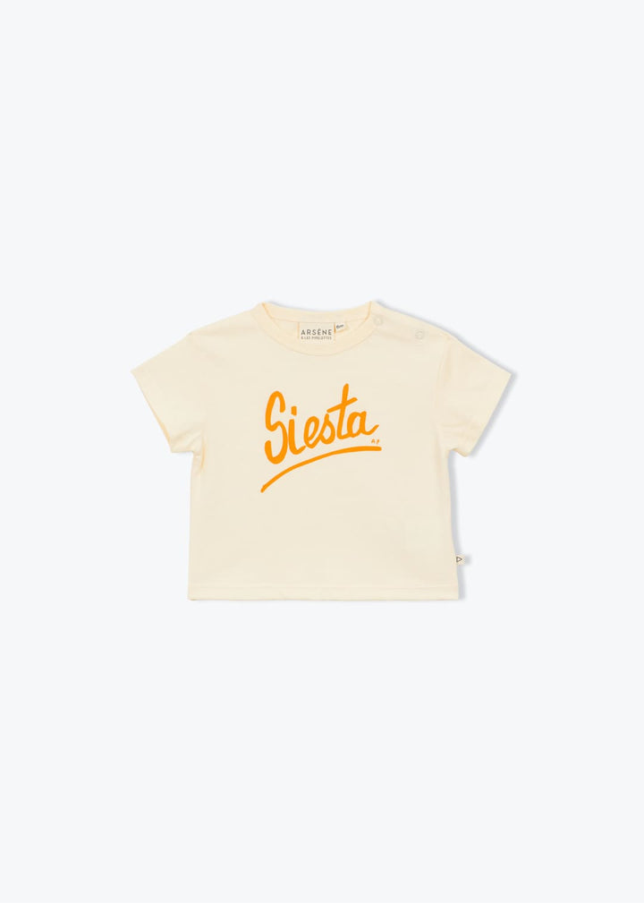 Baby off white cotton t-shirt with siesta graphic print in soft breathable fabric