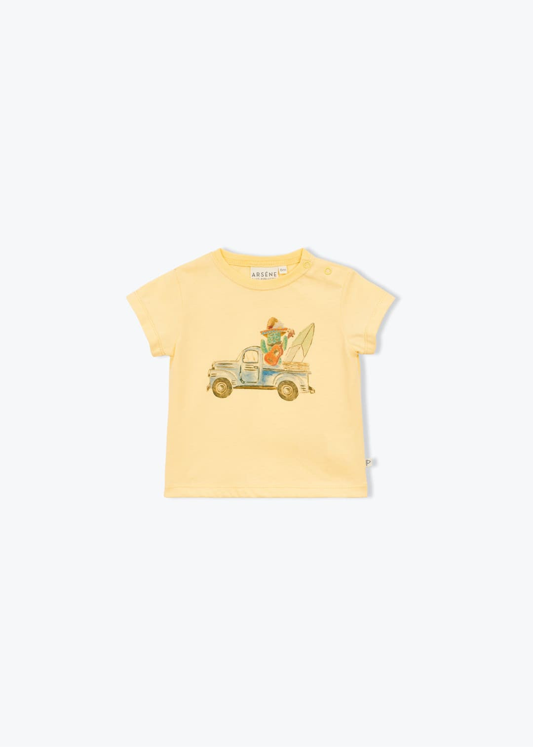 Baby organic cotton t-shirt with vintage surf truck illustration graphic