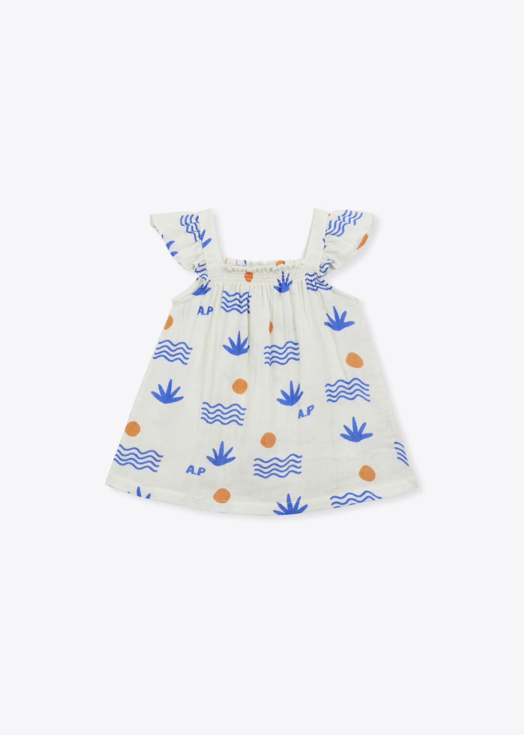 baby organic cotton printed dress with aloe and wave pattern in cream blue and orange