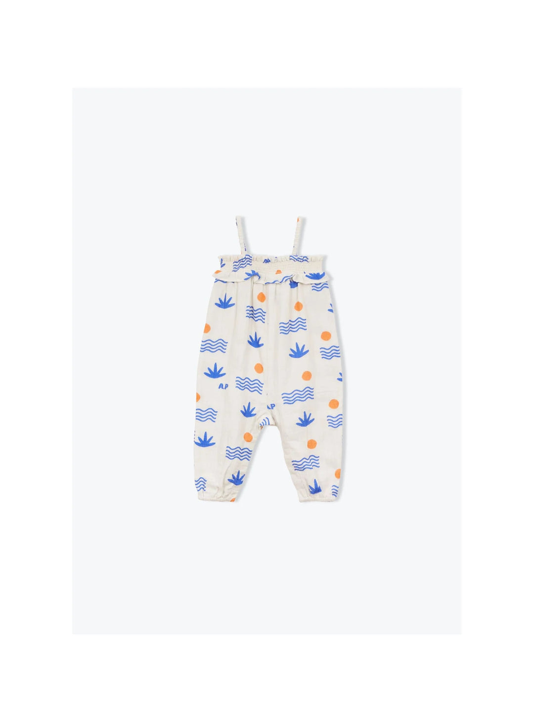baby organic cotton printed overall with aloe and wave pattern in cream and blue