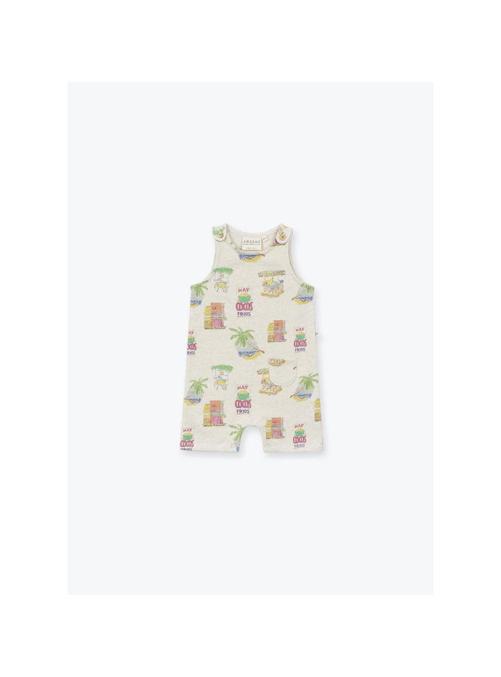 Baby organic cotton printed combishort with tropical summer pattern