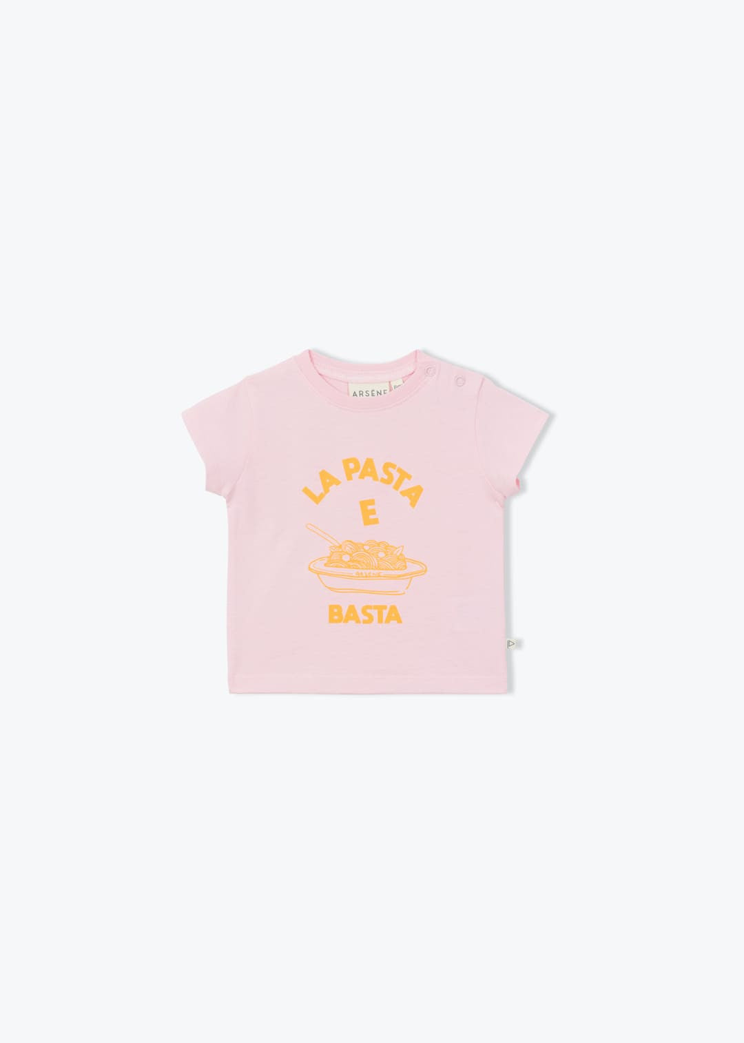 Organic cotton baby girls t-shirt with Pasta e Basta graphic in pink
