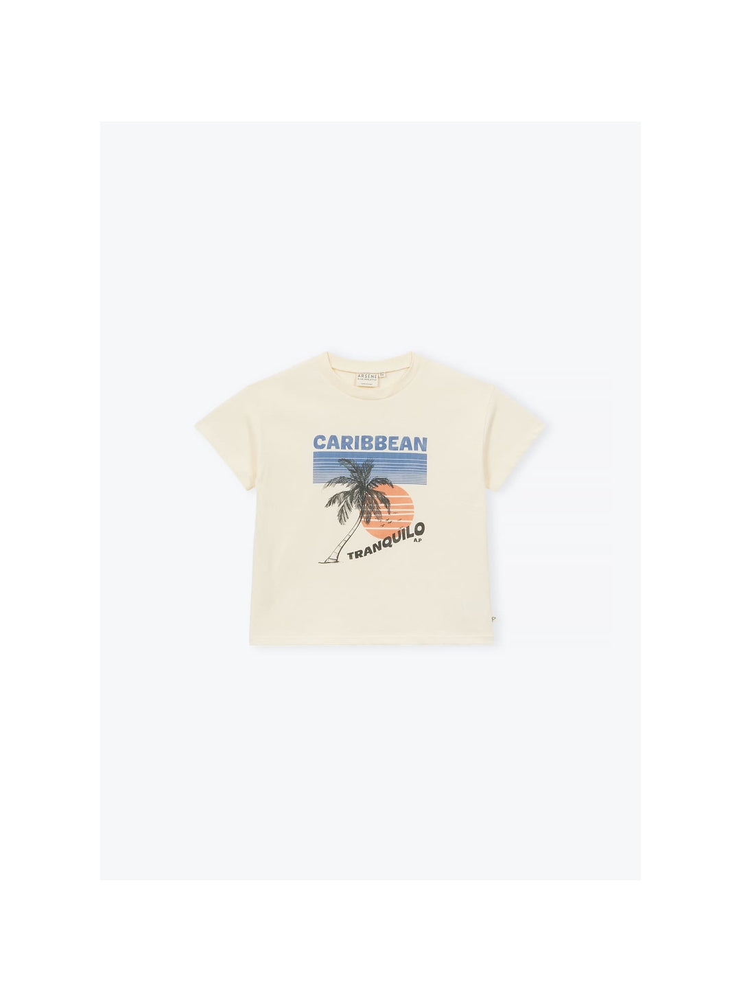Organic cotton kids t-shirt with Caribbean beach illustration in off white 