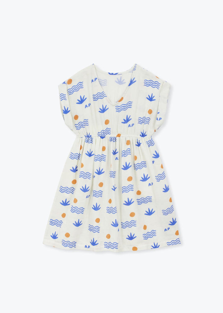 Girls organic cotton dress with blue and terracotta Aloe print
