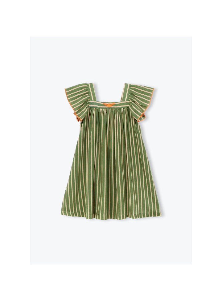 Girls organic cotton striped summer dress with flutter sleeves ingreen stripes 