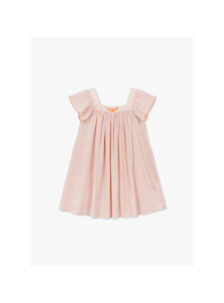 Girls organic cotton striped summer dress with flutter sleeves in pink stripes 