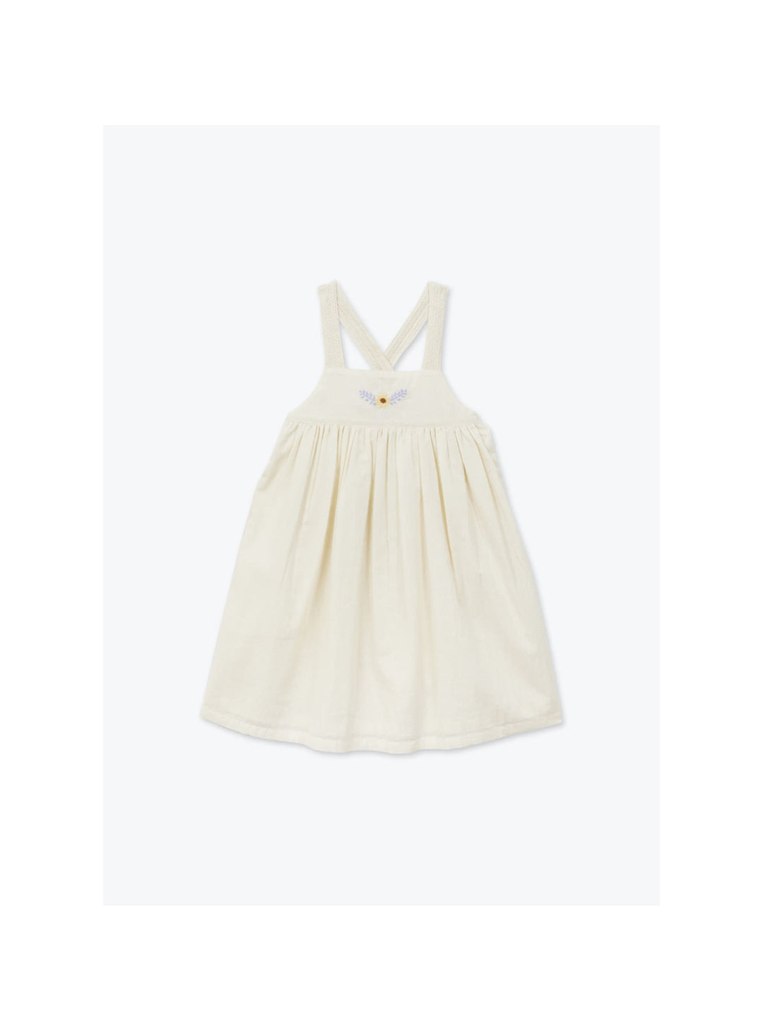 Girls organic cotton embroidered strap dress in soft cream colour