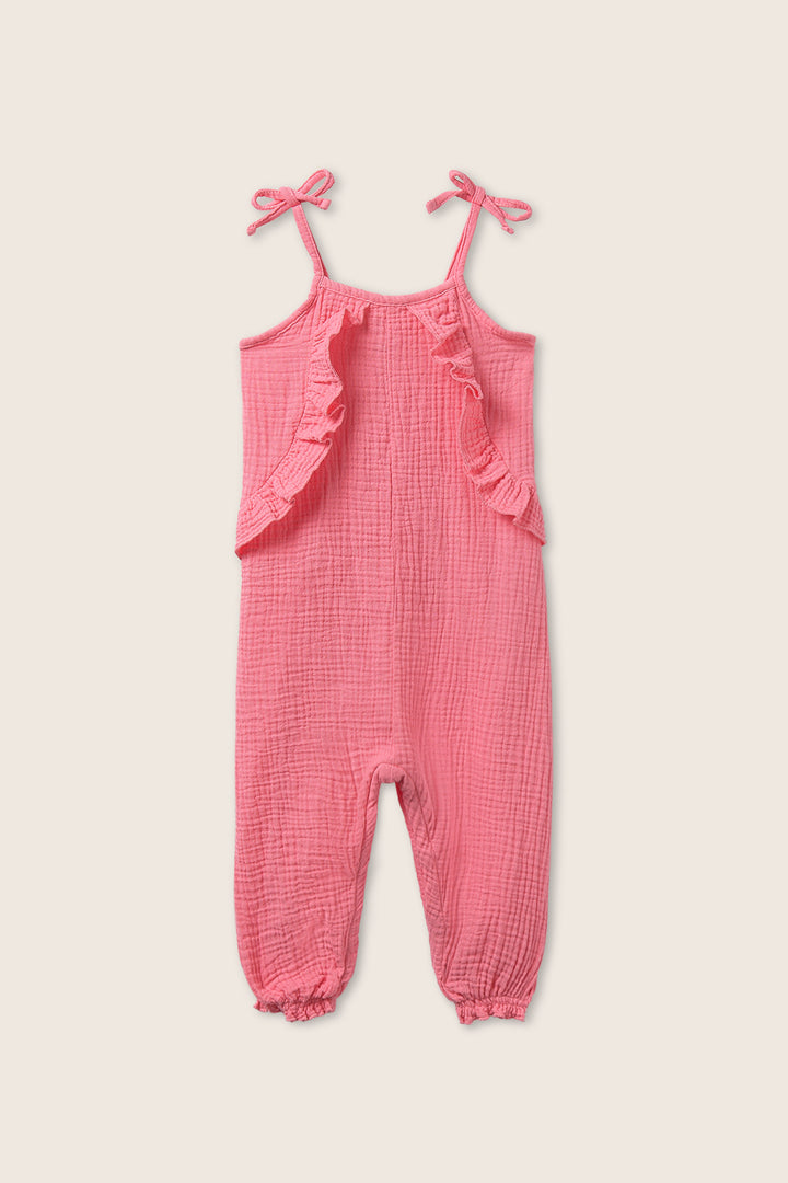 Baby sleeveless cotton gauze shirt in pink with ruffle front detail