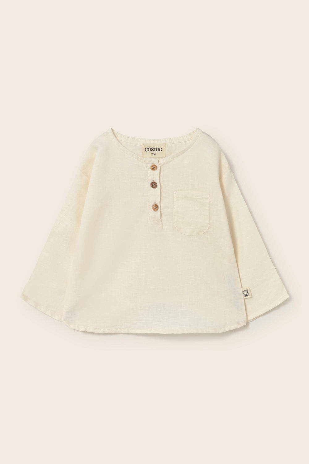 Baby boy cotton linen shirt in soft ivory with wooden buttons and chest pocket