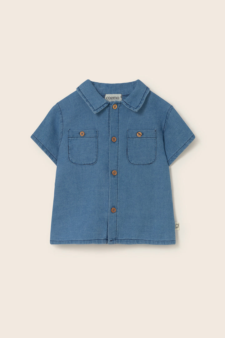 baby chambray denim shirt with short sleeves and wooden buttons in organic cotton