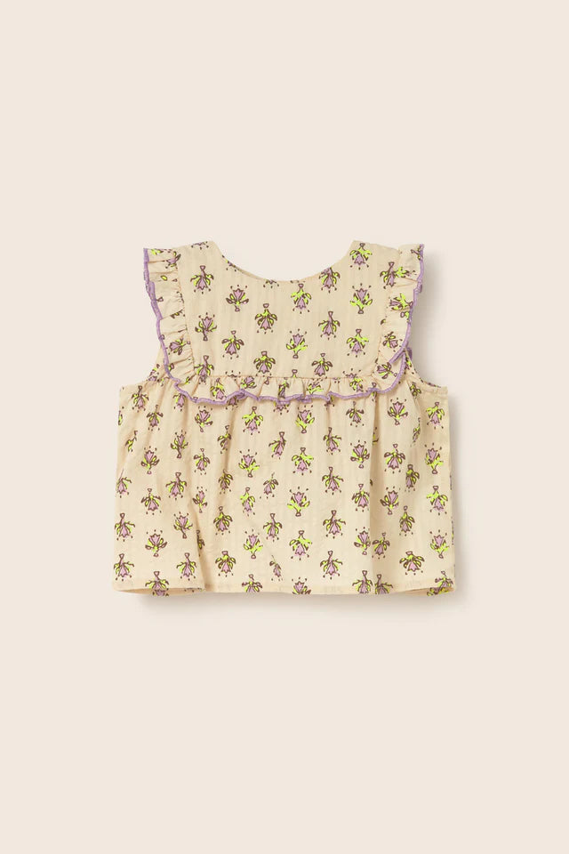 baby girls floral sleeveless blouse in organic cotton with ruffle trim