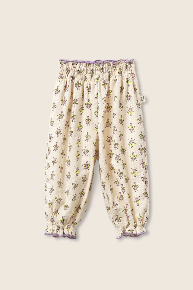 baby floral cotton pants with elastic waist and soft gathered ankles