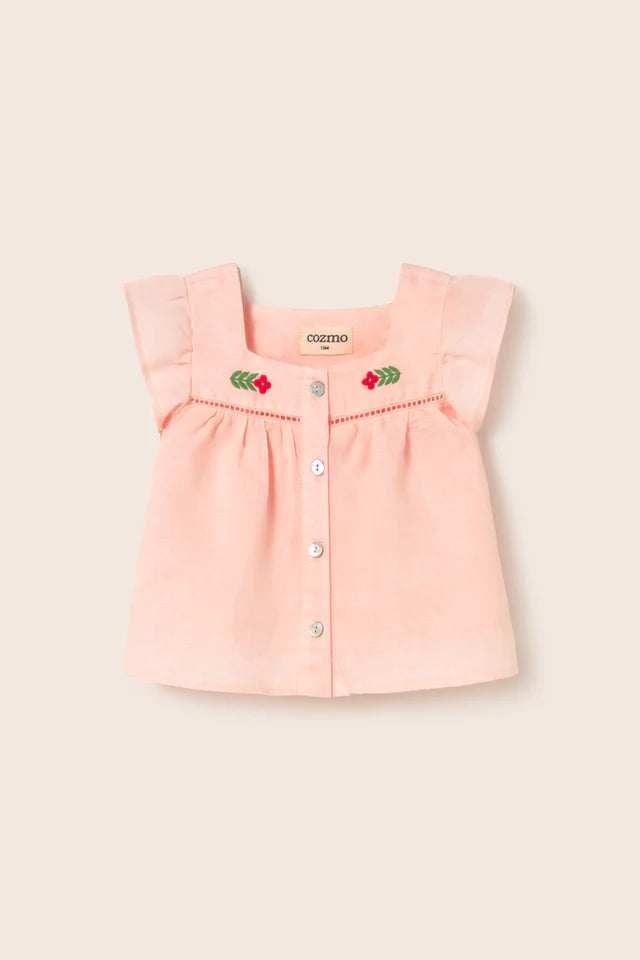 Baby girls cotton linen blouse in soft pink with ruffle sleeves and floral embroidery
