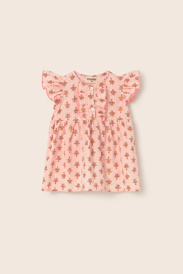 flower print baby dress in organic cotton with ruffled sleeves