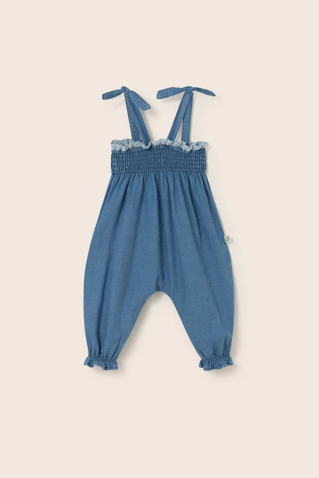 baby girl chambray denim overalls with smocked bodice and tie straps