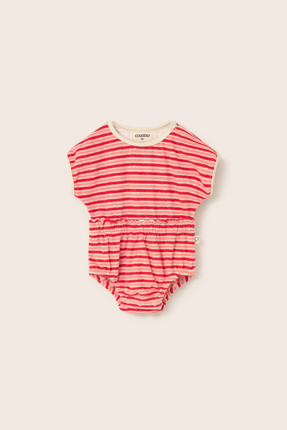 Striped terry cloth baby romper with elastic waist and snap-button closure
