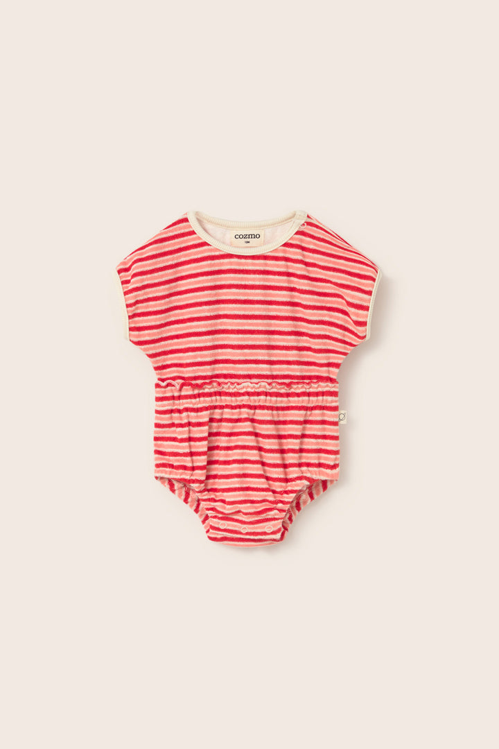Striped terry cloth baby romper with elastic waist and snap-button closure