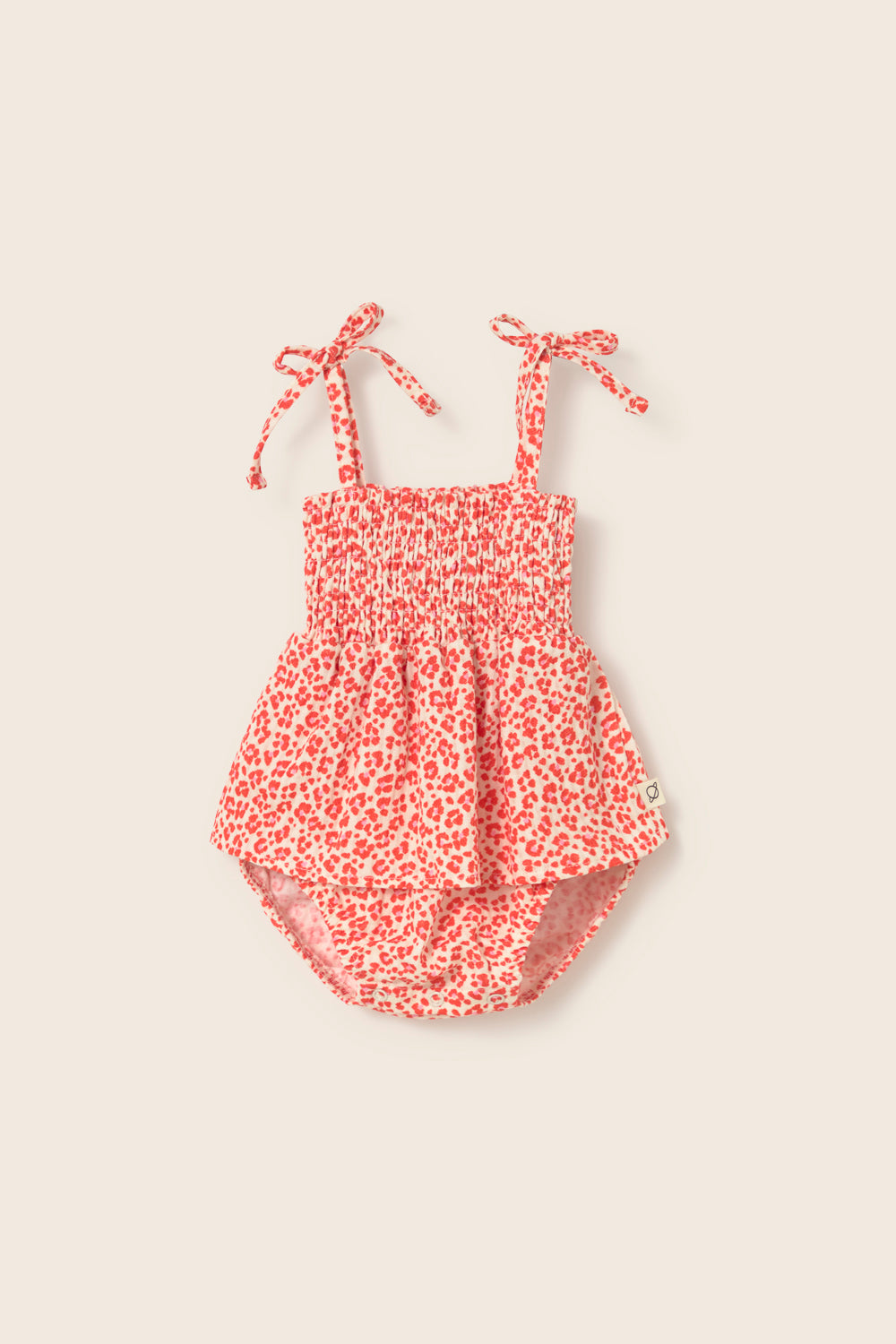 baby girl cotton romper with animal print and adjustable tie straps