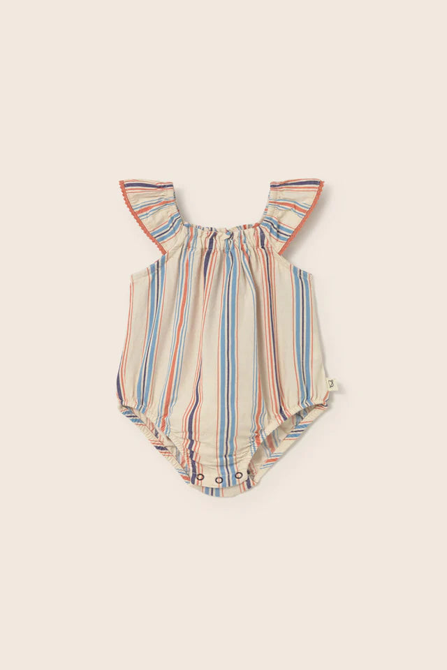 Baby girls striped cotton romper with flutter sleeves and snap-button closure