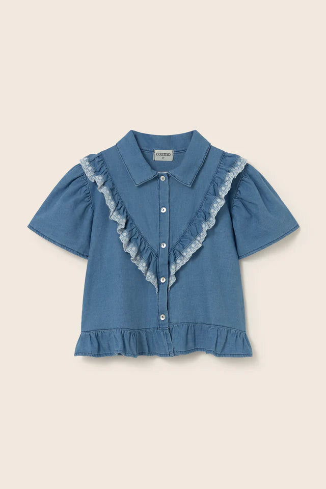 Girls chambray denim blouse with lace trim ruffles and short sleeves