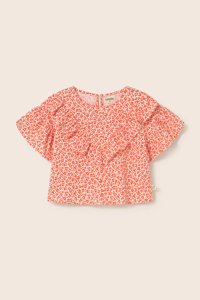 Girls cotton animal print blouse with ruffle detail in soft breathable fabric