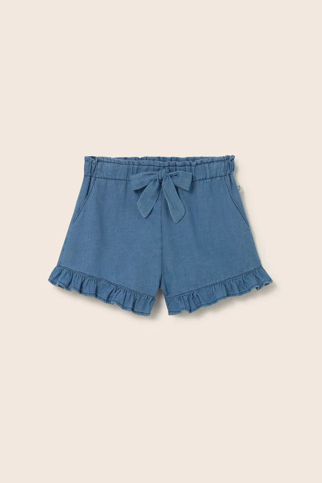 Girls chambray denim shorts with ruffle hem and adjustable waist bow