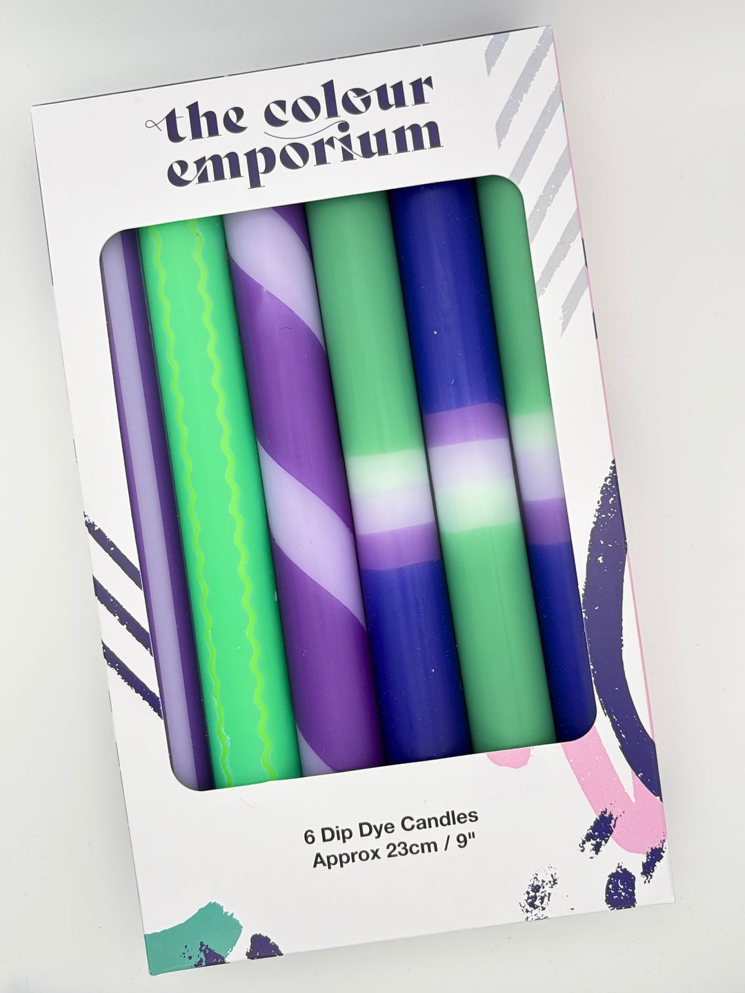 Colorful dip dye dinner candles set with gradient and striped designs