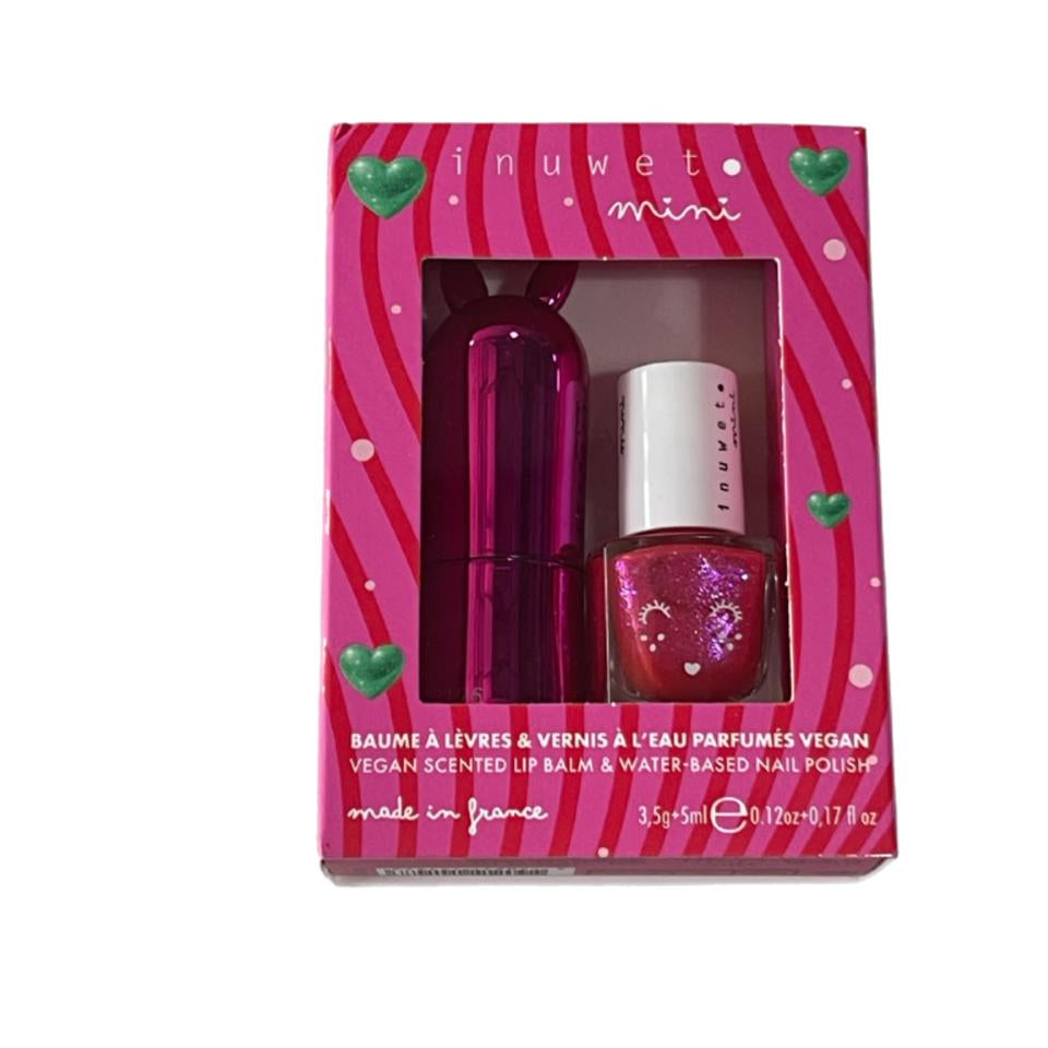 INUWET Rose kids lip balm and pink water-based nail polish duo with strawberry scent