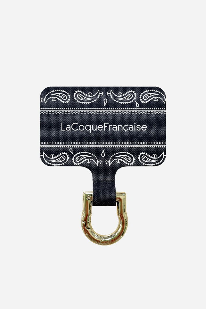 Universal phone chain adapter with decorative print and gold metal ring for attaching phone strap or lanyard
