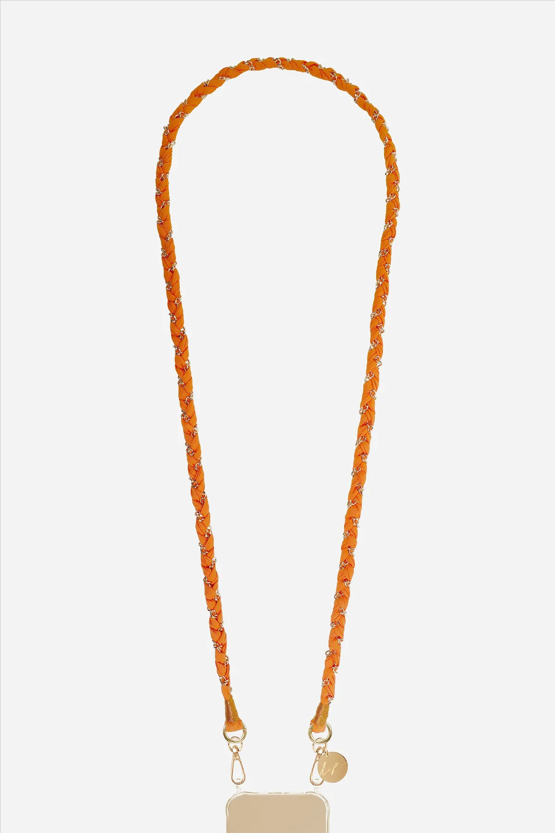Woven orange phone chain strap 120cm with braided textile and gold metal detailing for hands-free crossbody wear