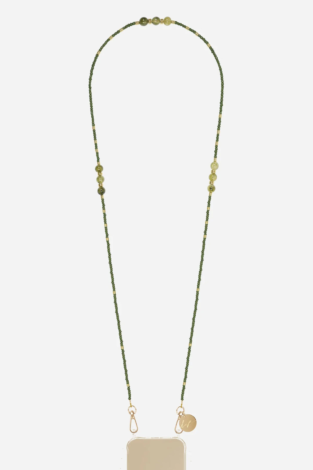 Long nude phone chain accessory 120 cm with glass beads and golden accents