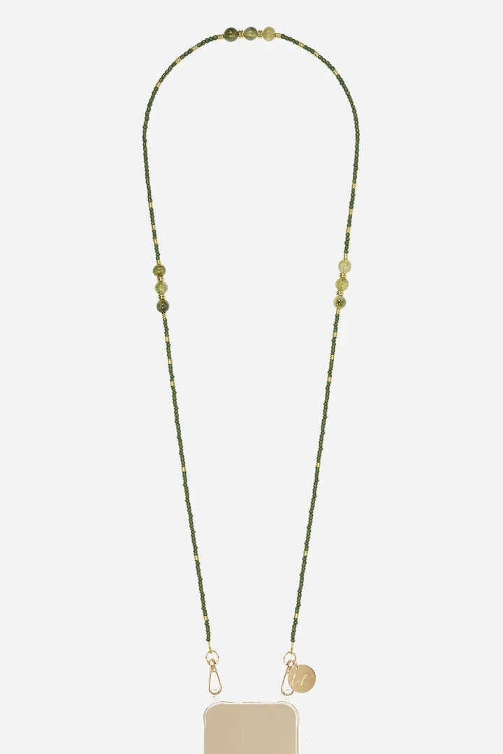 Long nude phone chain accessory 120 cm with glass beads and golden accents