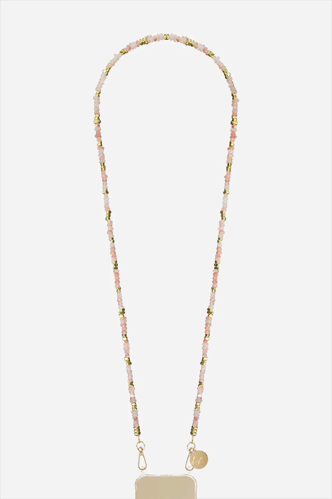 Long beaded phone chain Liviya pink 120 cm with gold accents