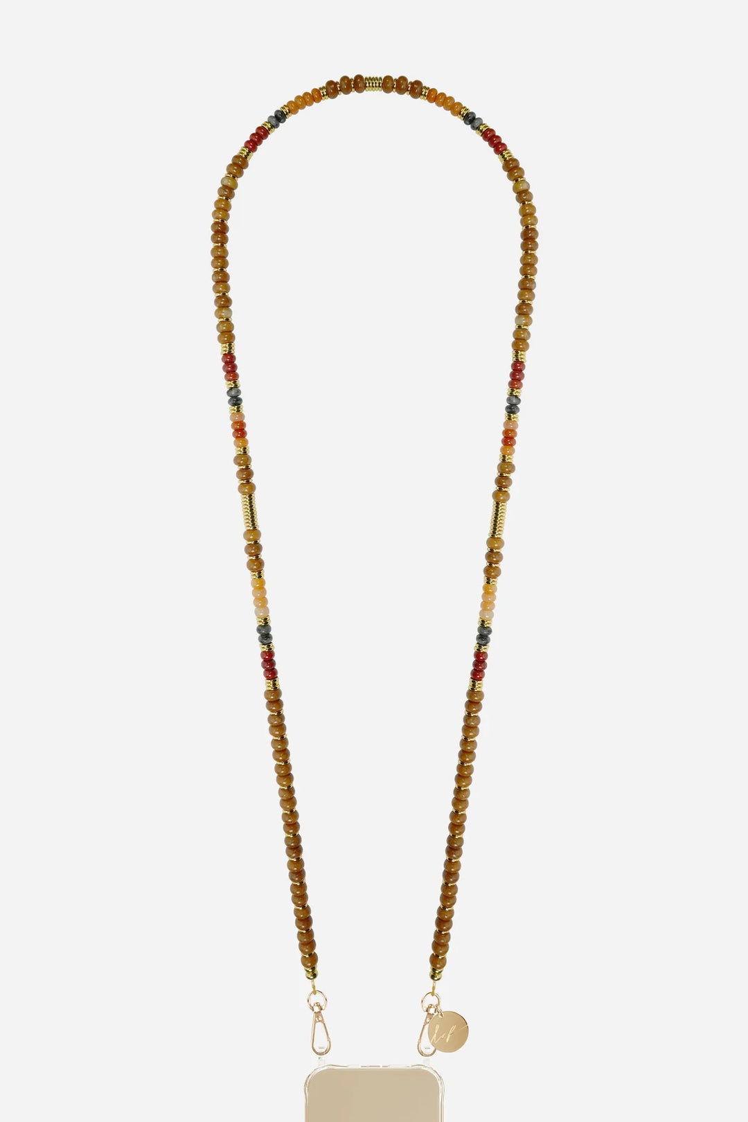 Brown semi precious stone phone chain Hélène 120 cm with gold accents