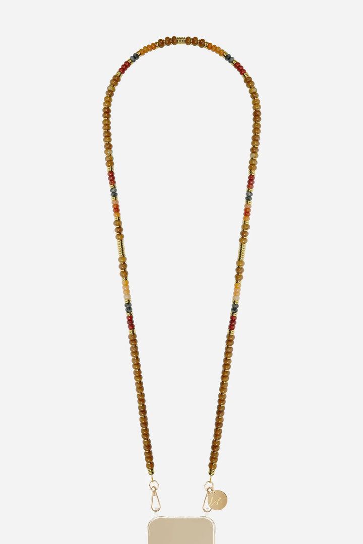 Brown semi precious stone phone chain Hélène 120 cm with gold accents