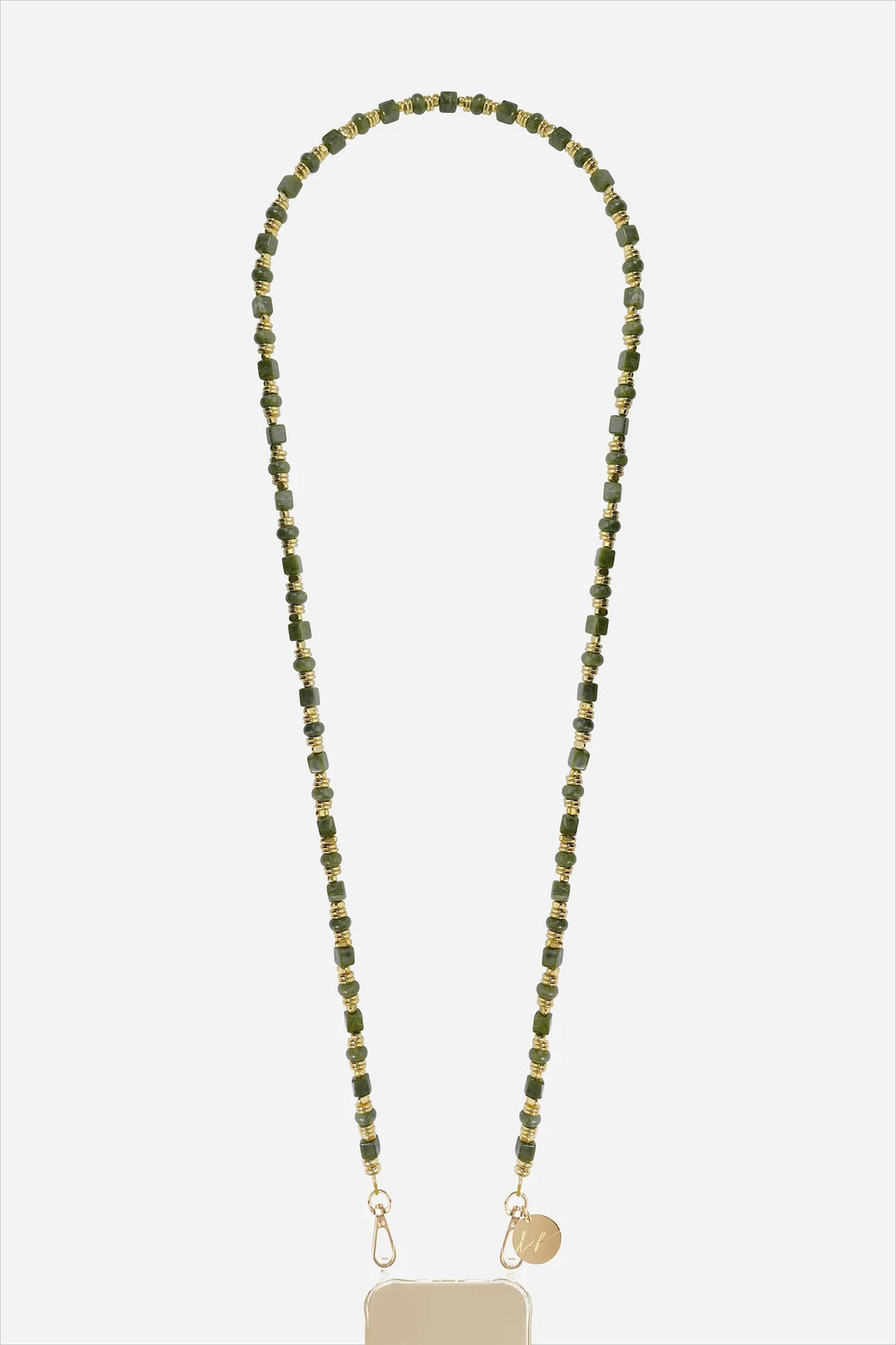 Semi precious stone phone chain Jeanne kaki 120 cm with gold accents