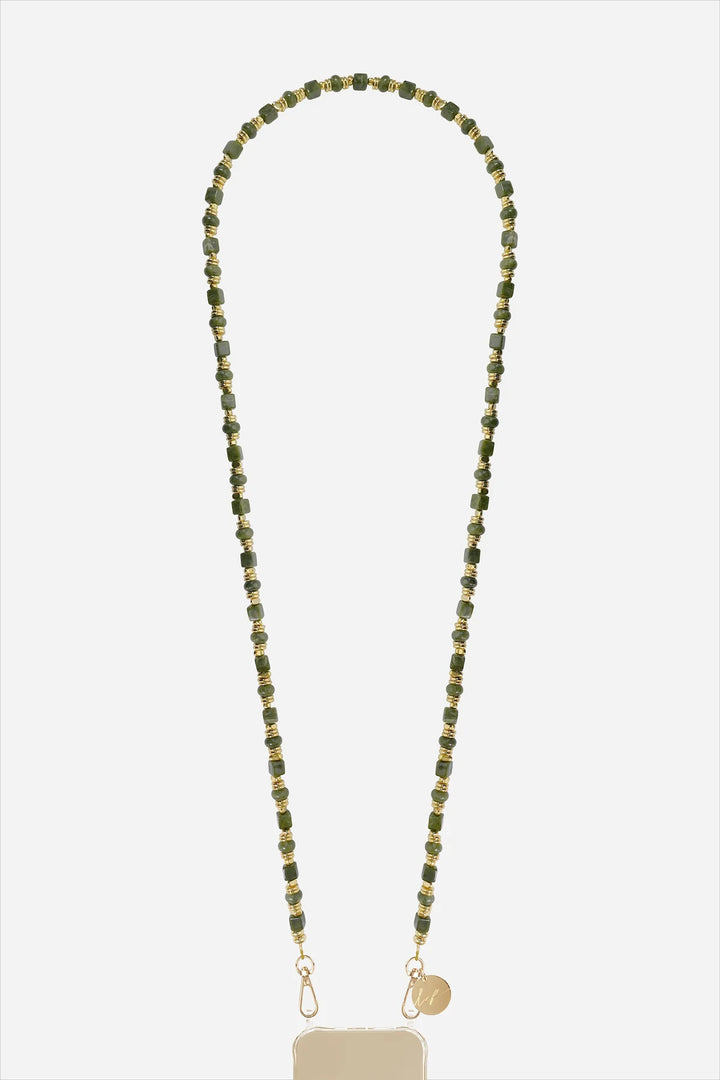 Semi precious stone phone chain Jeanne kaki 120 cm with gold accents