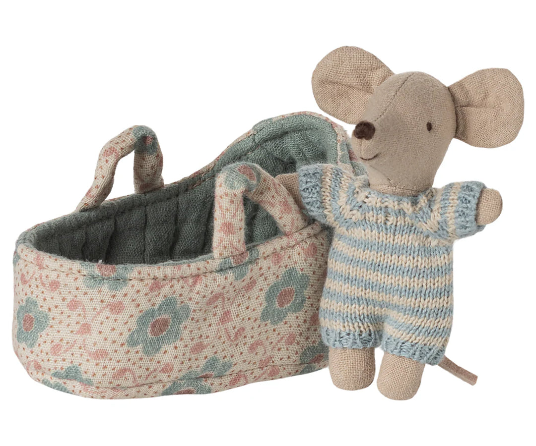Maileg baby mouse in quilted blue carrycot soft toy
