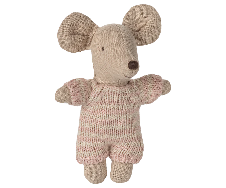Maileg baby mouse in quilted pink carrycot soft toy