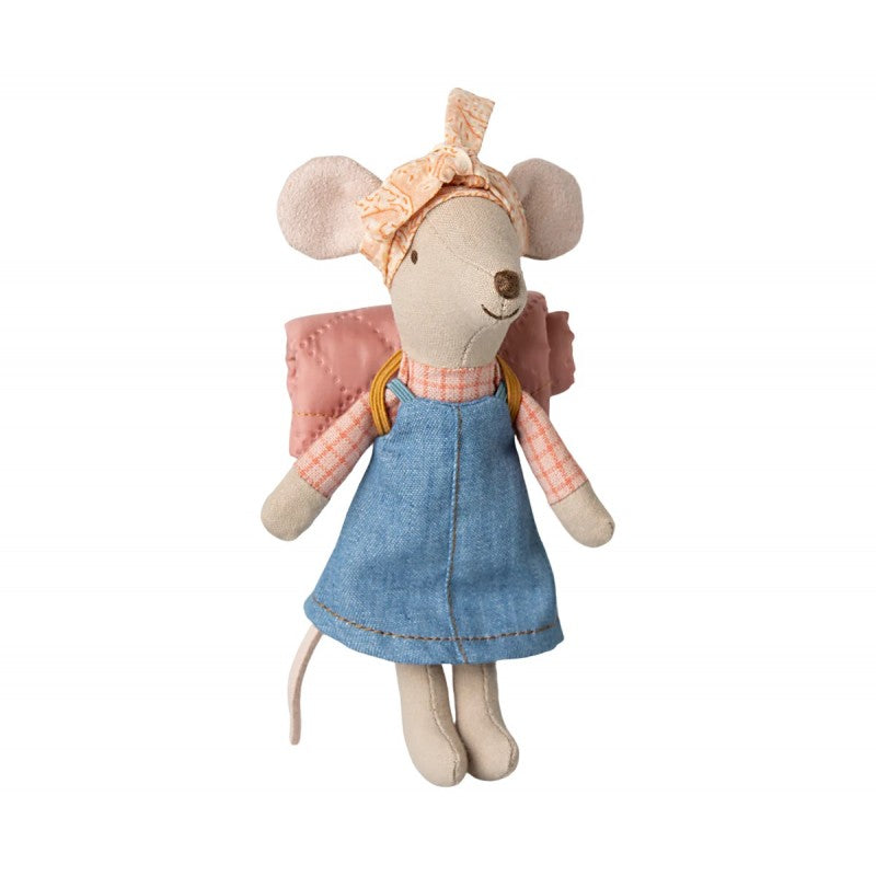 Maileg Hiker Mouse Big Sister in hiking outfit with sleeping bag accessory
